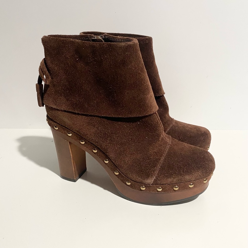 VIA SPIGA Bennet Brown Tassel Studded Wooden Platform‎ Suede Leather Boot 7